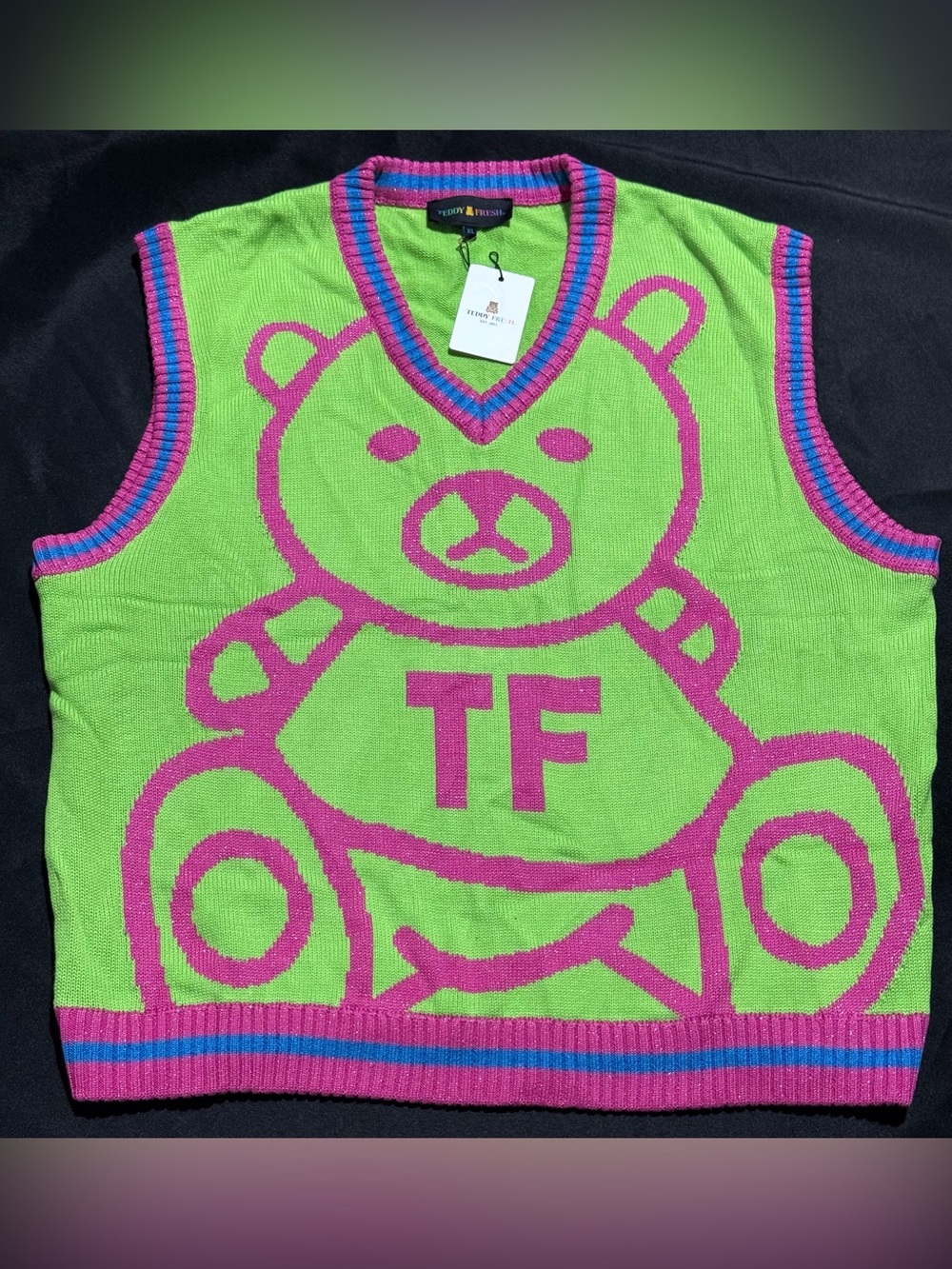 Teddy Fresh Lime Green and Pink Bear V-Neck Sweater Vest